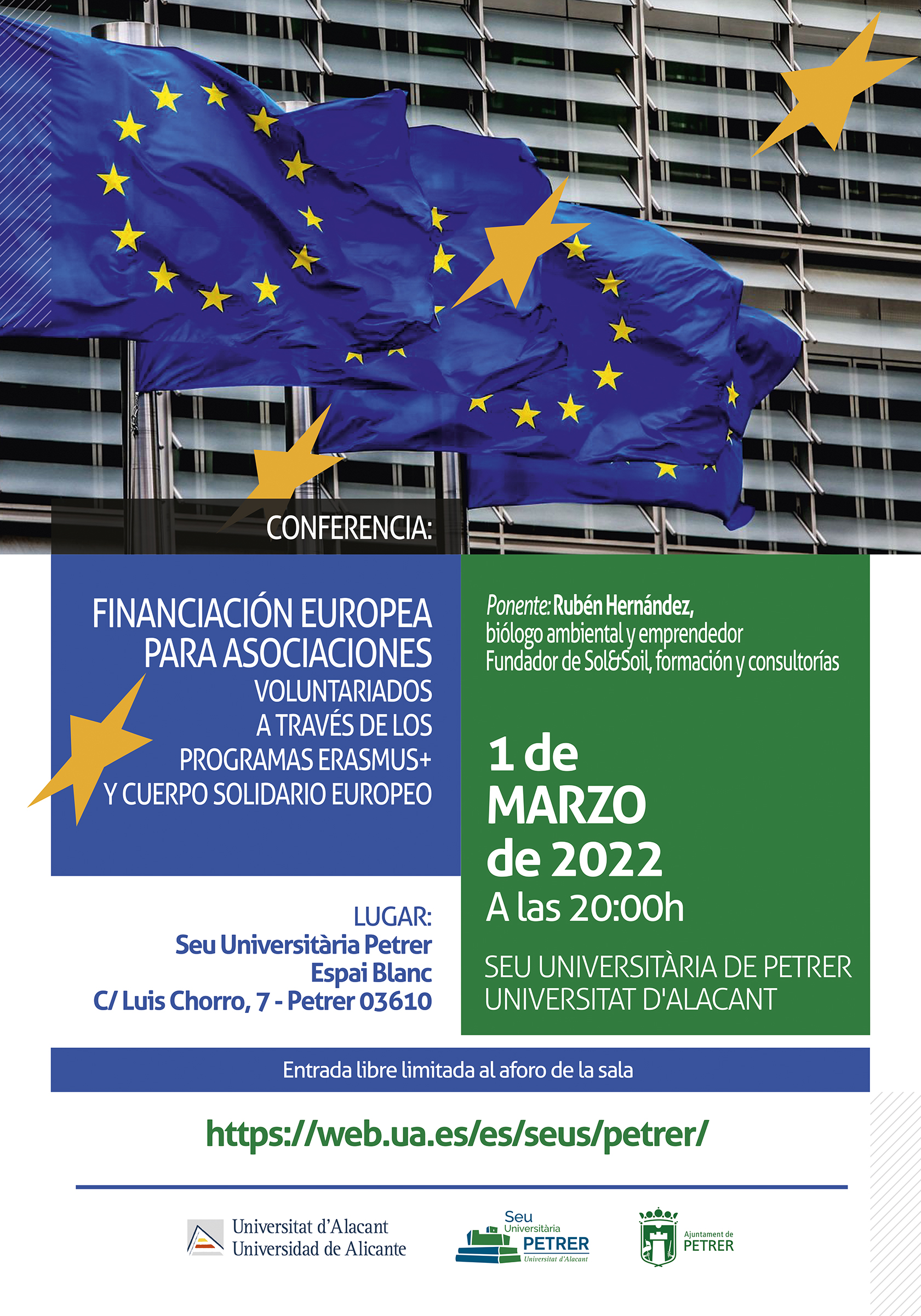 2022-03-01 - Conferencia - Financiación Europea para asociaciones. Voluntariados a través de los programas Erasmus+ y Cuerpo Solidario Europeo
