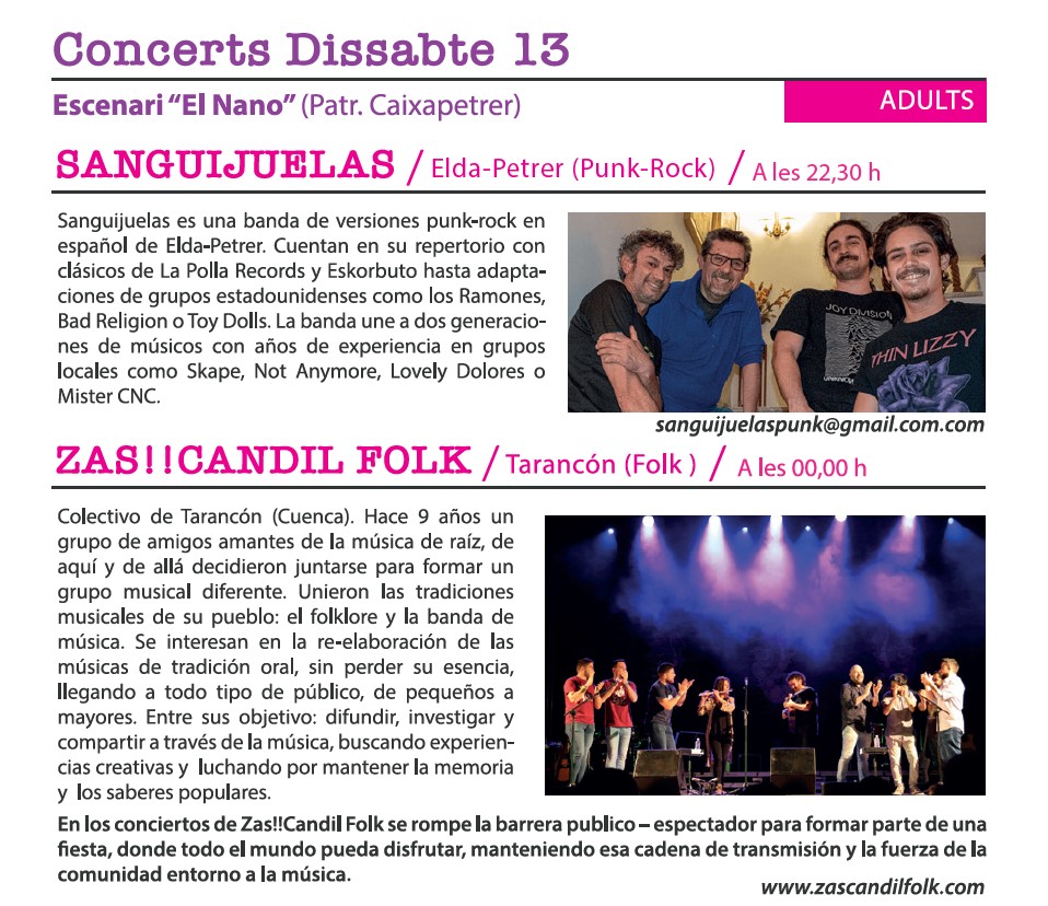 Sábado 13 de abril 22:30- SANGUIJUELAS 00:00- ZAS! CANDIL FOLK